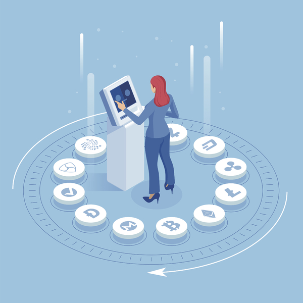 Illustration of a woman standing in the center of cryptocurrency icon symbols.